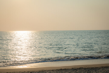 Sunbed with background of sandy beach and clear sky with nobody and copy space in Phuket area,...