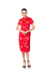 Portrait of a young asian Chinese female lady model wearing red traditional vintage costume Cheongsam smiling and posing with different poses and gestures 
