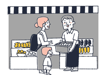 市場で子連れの母親と会話する店員　地域住民とのコミュニケーションになるお店