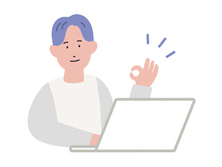 OKサインをするパソコン作業中の男性のイラスト