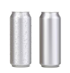 Long aluminium can with water drops, silver beer, soda or lemonade juice, coffee or energy drink mockup. Realistic vector aluminum cans with fresh cold water drops condensation for drink packaging - obrazy, fototapety, plakaty