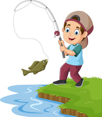 Cartoon little boy fishing on the lake