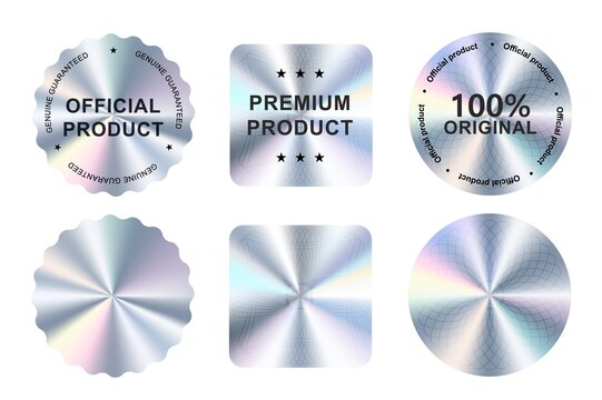 Hologram stickers, holographic labels with silver texture, vector original product stamp. Hologram sticker for official product guarantee and premium quality 100 percent genuine holographic seal