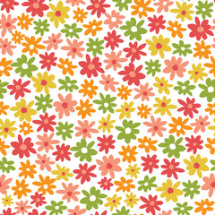Vector colourful scattered fun daisy flowers repeat pattern with white background. Suitable for textile, gift wrap and wallpaper.