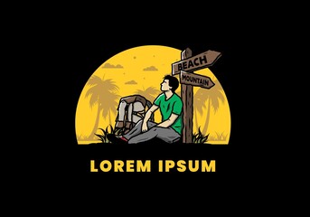 Man sit on the ground beside the way sign beach and mountain illustration