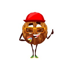Cartoon walnut character in cap with cocktail. Funny vector nut relax on beach during summer vacation at ocean coastline or hotel pool. Kernel personage wear sunglasses on resort