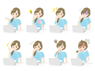 パソコンで作業する看護師の表情イラスト素材セット