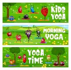 Kids morning yoga, cartoon berry characters on fitness sport, vector banners. Yoga class and relax activity with strawberry, grape, raspberry and cherry at yoga meditation or pilates fitness