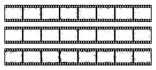 Old grunge movie film strip, vintage long filmstrip reel roll, vector frames. Cinema, video or photo filmstrip tape and 35mm photograph negative film strip roll with grunge background