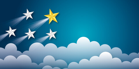 Yellow and white stars soaring into the bright sky as metaphor for Business target or goal success, teamwork and leaders concept, space for the text. paper art design style.