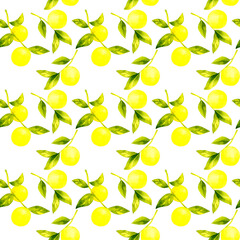 レモンと葉っぱのオシャレなシームレスパターン　手描き水彩イラストのテキスタイル