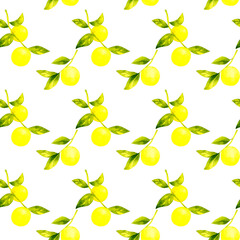レモンと葉っぱのオシャレなシームレスパターン　手描き水彩イラストのテキスタイル