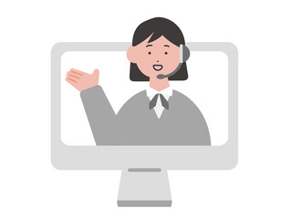 オンラインで案内をするカスタマーサービスのオペレーターの女性のイラスト