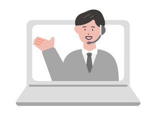 オンラインで案内をするカスタマーサービスのオペレーターの男性のイラスト