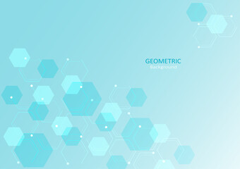 Geometric abstract template design with hexagon shapes on blue gradient background. Vector Illustration.
