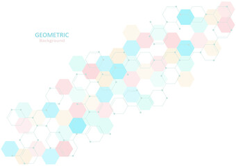 Geometric abstract template design with hexagon and molecule shapes in pastel colors on white backgrounds. Vector Illustration.