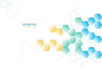 Geometric abstract template design with hexagon and molecule shapes on white backgrounds. Vector Illustration.