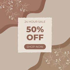 Aesthetic and boho banner sale 50%. Abstract modern background with brown colors and white flowers .Background with space for text. Floral banner template.