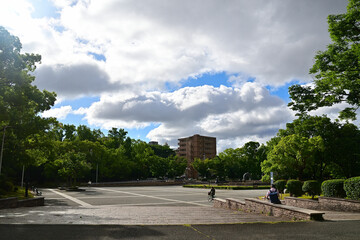 公園の広場の上空に大きな雲が浮かんでいる風景