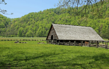 Fototapeta na wymiar Wooden barn in the valley - Great Smoky Mountains National Park, North Carolina