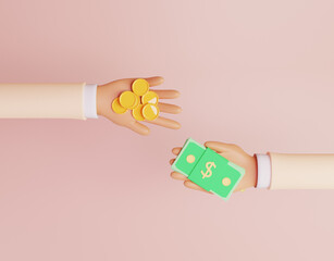 3D Rendering illustration of a hand holding a money and a coin