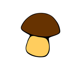 Vector color mushroom in doodle flat style. Hand drawn outline illustration, clip art, design element isolated on white background. Theme of nature, forest, thanksgiving