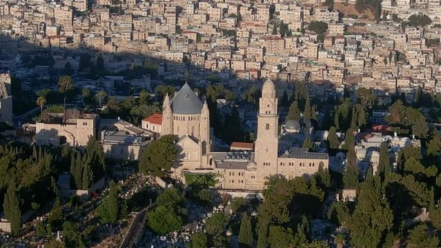 Dormition Abbey church, Jerusalem old city, aerial, israel

Drone view from Mount Zion Jerusalem, 2022
