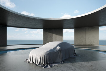 Car covered with cloth parked on round concrete floor. 3d rendering of abstract exterior space for showroom with sea background.