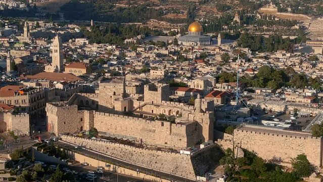 The old city of Jerusalem Aerial view, 2022
Beautiful shot from the old city of Jerusalem with David Tower, June, 2022

