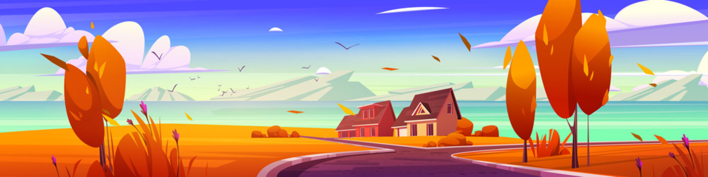 Autumn landscape with village houses on sea bay coast. Vector cartoon illustration of fall nature panorama with lake or river shore, cottages, orange grass and trees, mountains on horizon
