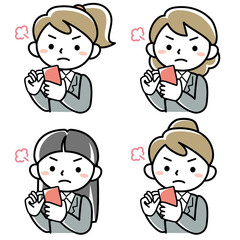 スマホを見て腹を立てる若い女性の上半身セット