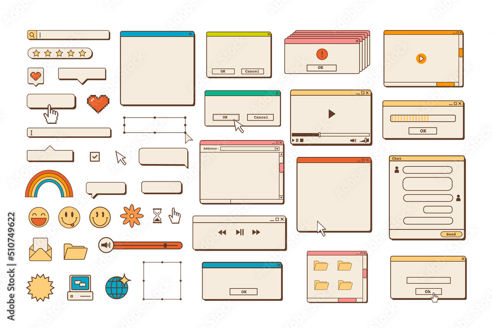 Fototapete Big set of retro vaporwave desktop browser and dialog window templates. 80s 90s old computer user interface elements and vintage aesthetic icons. Nostalgic retro operating system. Vector illustration.