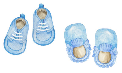Watercolor baby boy shower set. Its a boy theme with shoes. Its a boy illustration