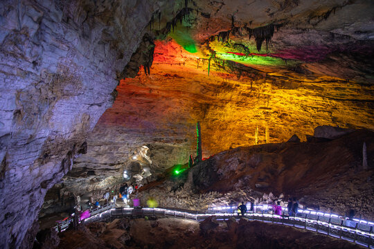 Tha path through the Huanglong cave in Zhangjiajie, Hunan, China. Background image of the limestone cave