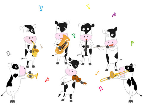 牛たちが歌ったり楽器を弾いたりしている。