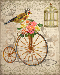 Vintage postcard with flowers,bird and old bicycle.