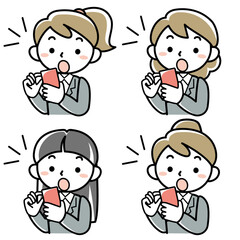 スマホを見て驚く若い女性の上半身セット