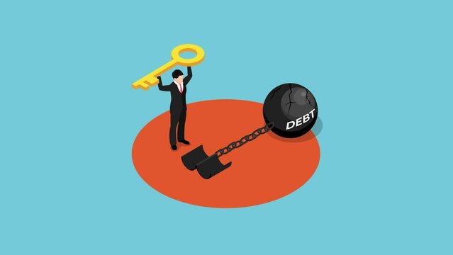 Businessman unlocking burden chain with debt word