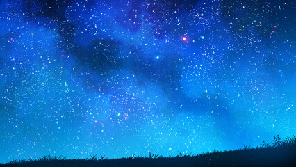 美しい天の川と草原　天体観測　幻想的な星空背景装飾イラスト