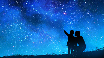 Obraz na płótnie Canvas 天体観測をする親子のイラスト　天の川　満天の星空　星屑背景装飾