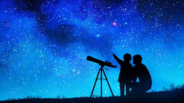 天体観測をする親子のイラスト　天体望遠鏡　天の川　美しい星空背景装飾