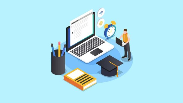 Male student using laptop to doing online test
