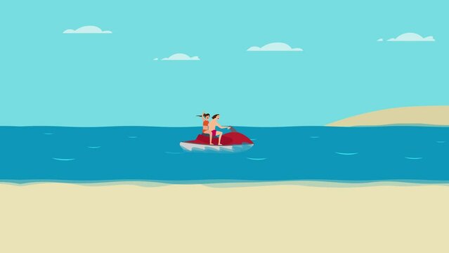 Romantic young couple rides speed boat in beach