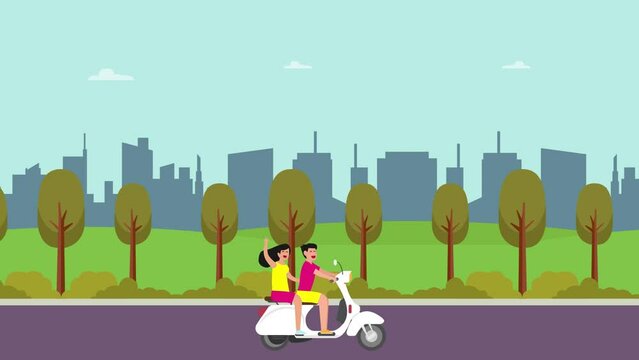 Romantic young couple riding a scooter near park
