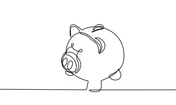 Piggy Bank Continuous One Line Drawing. Piggy Bank Line Art Illustration. Vector Minimalist Trendy Contemporary Design Perfect for Wall Art, Prints, Social Media, Posters, Invitations, Branding Design