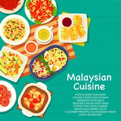 Malaysian cuisine restaurant meals, dishes menu cover. Boiled eggs Sambal Telur, sesame beef and Gado Gado, Kuih Keria, cucumber pineapple salad Kerabu Timun and soup Nyonya, Tauhu Sumbat vector