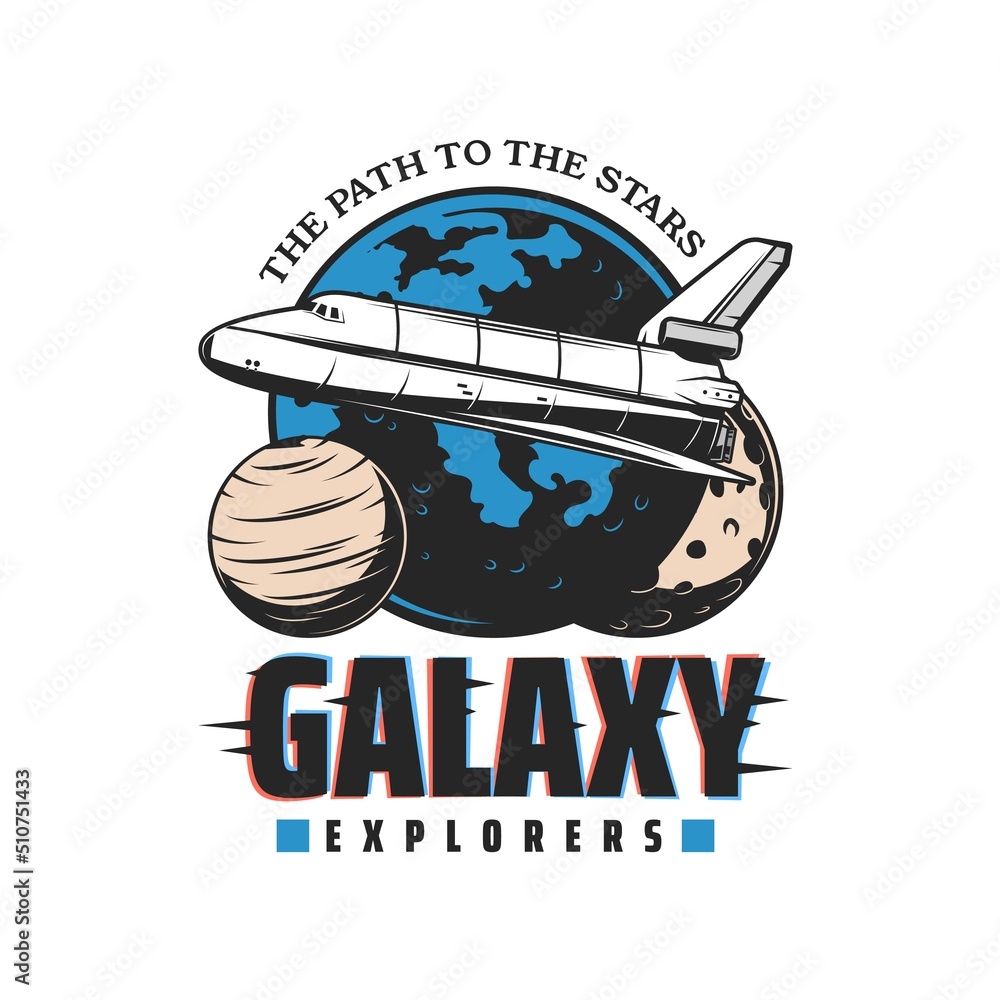 Poster galaxy explorer icon with space discovery shuttle rocket, vector emblem of galactic and orbital spac