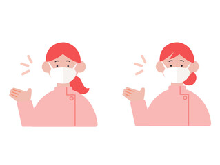 マスクをつけて案内をする看護師の女性のイラスト