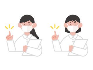 カルテを持って指差しをするマスクをつけた女性看護師のイラスト
