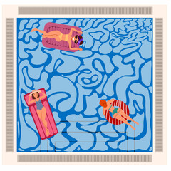 People floating on inflatable mattresses, top view. Women are relaxing in the pool. Vector illustration in a flat style.